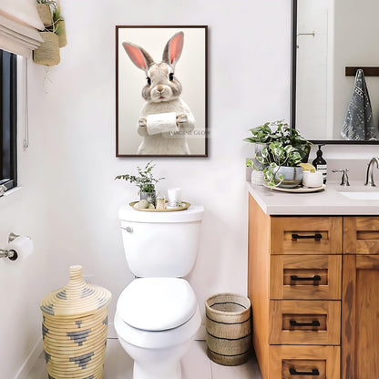 Bathroom decor featuring a whimsical bunny in color and monochrome.
