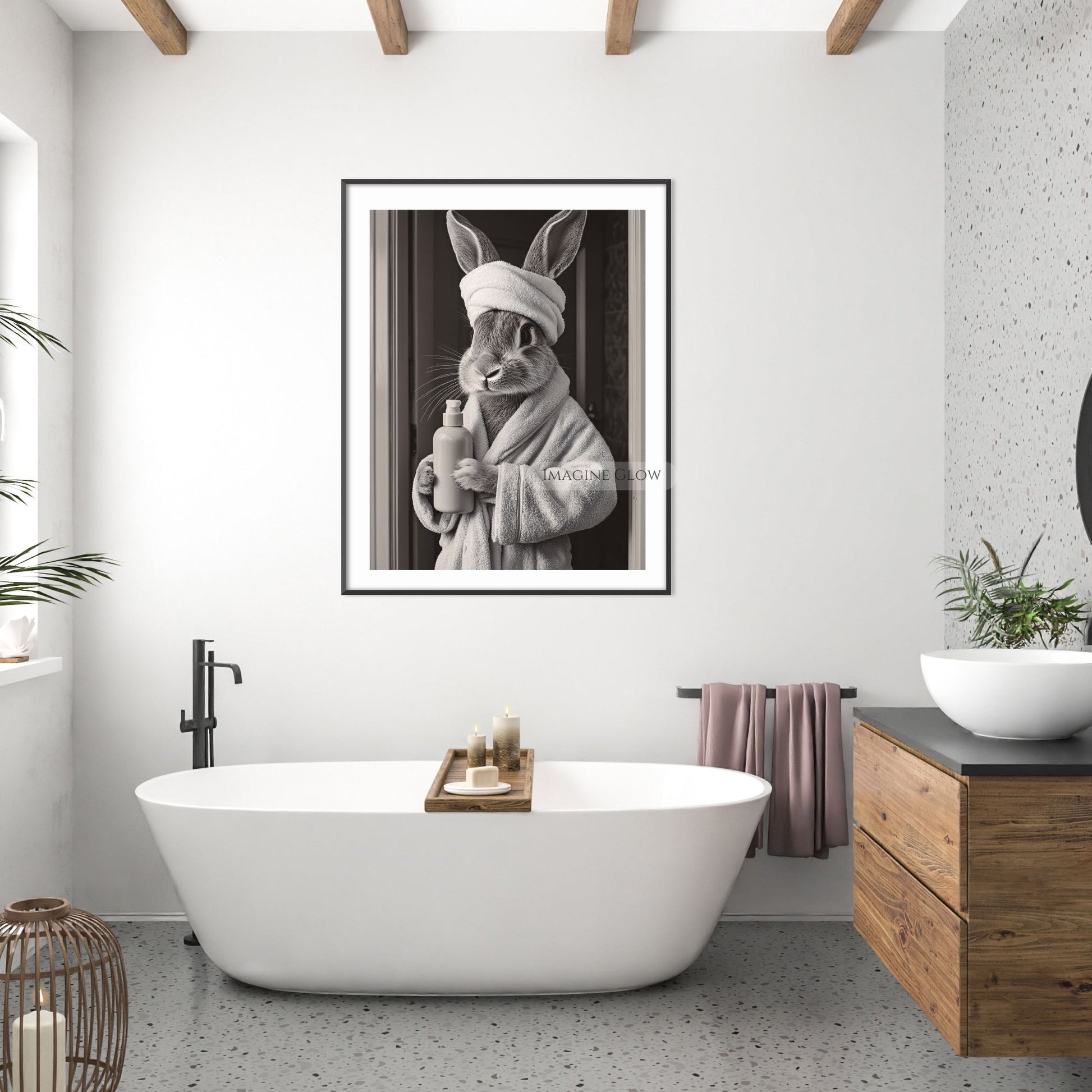 Funny rabbit in bathrobe bathroom print
