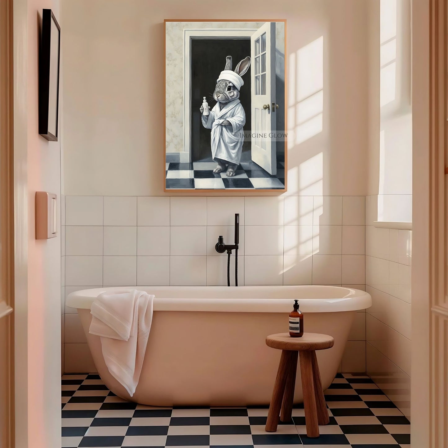 Playful rabbit in bathrobe bathroom print
