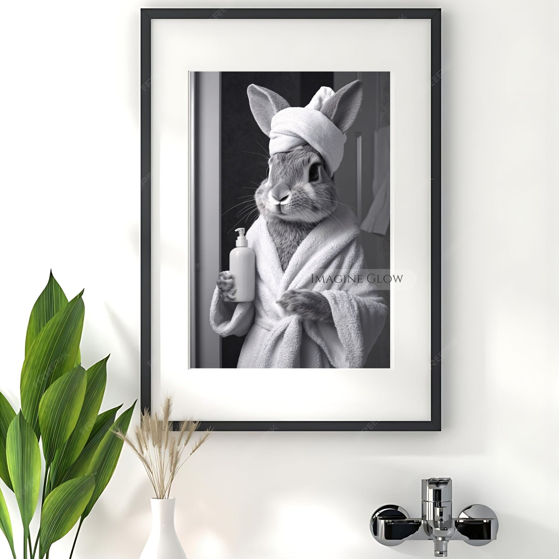 Bunny in bathrobe black and white bathroom art
