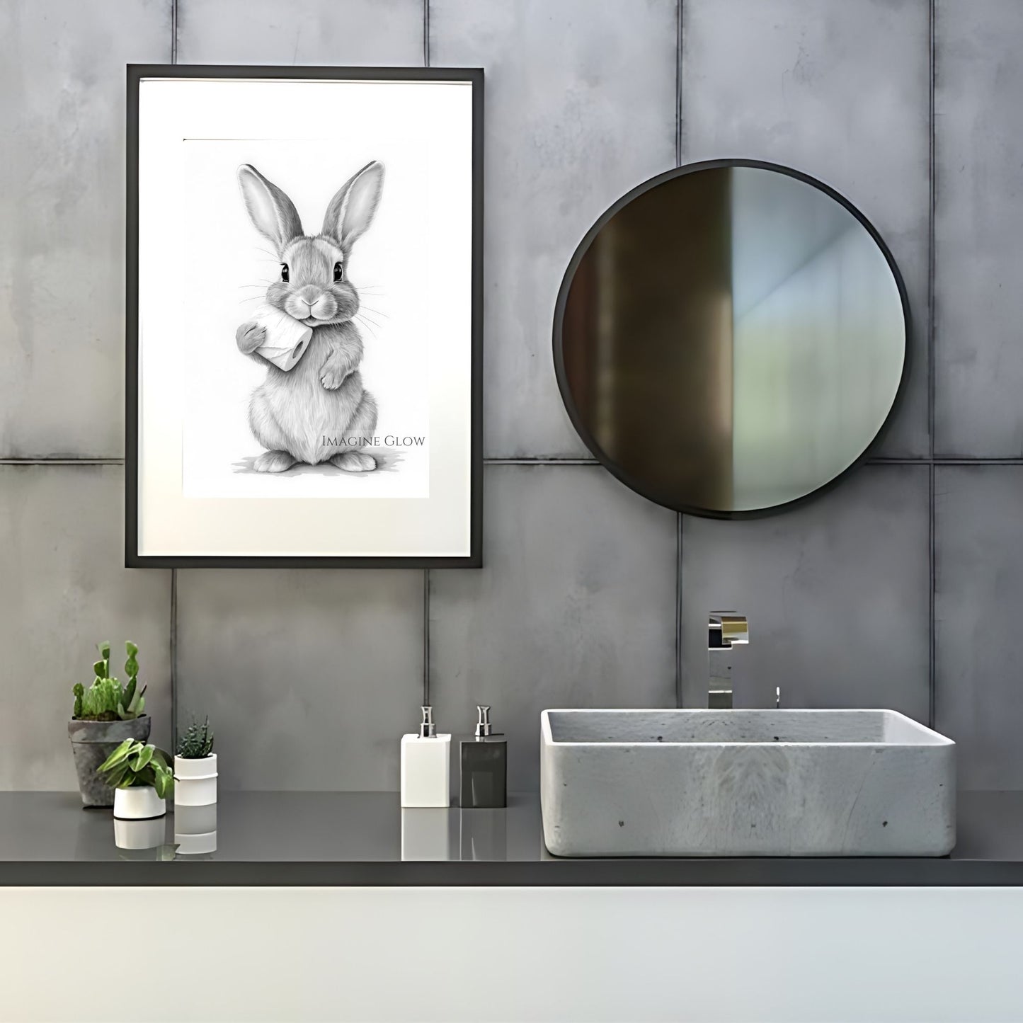 Funny rabbit bathroom decor in monochrome style.
