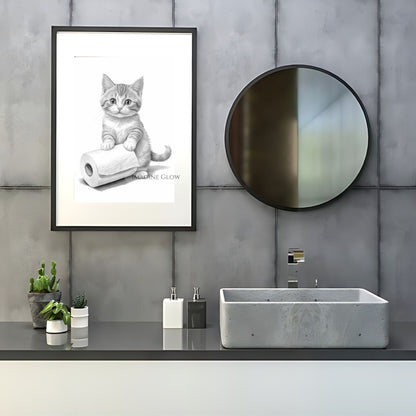 Cat holding toilet paper black and white illustration
