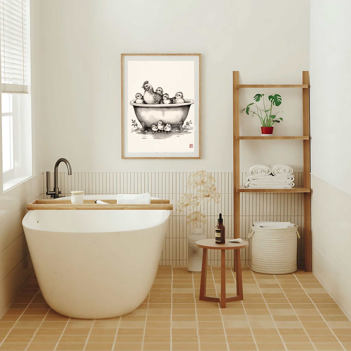 Funny chicken bathroom decor with hen and chick in tub
