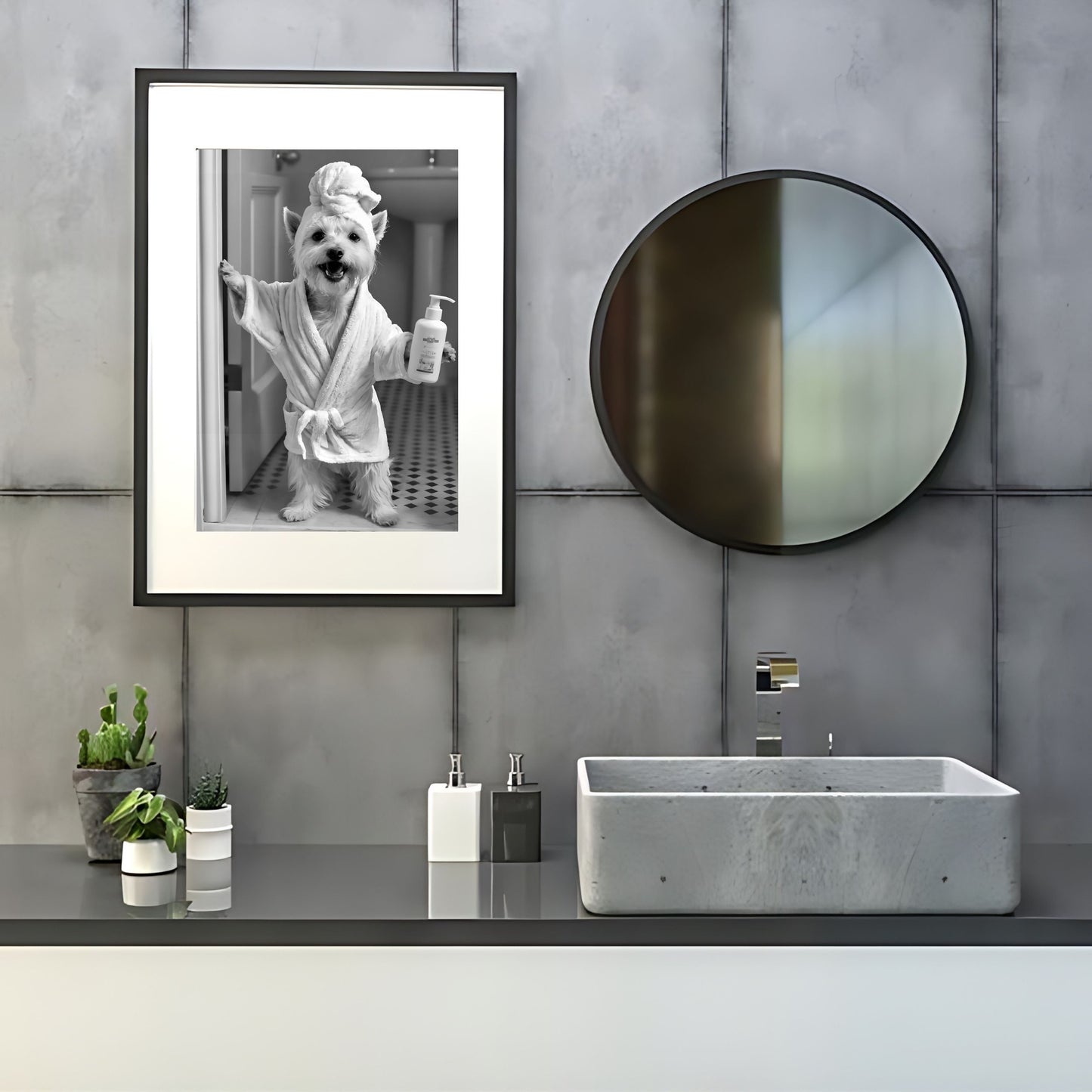 Petshop art featuring a Westie in a tub for funny toilet art.
Above toilet print showcasing a playful Westie in a bath tub.
