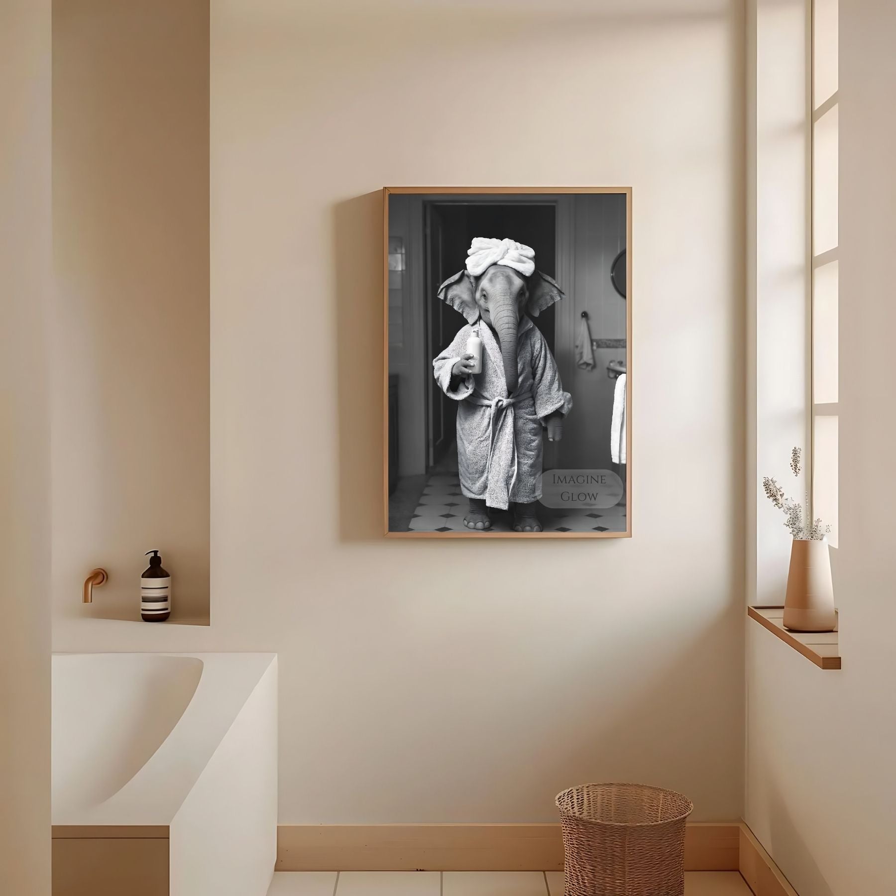 Elephant bathtub art print for animal-themed bathroom decor
