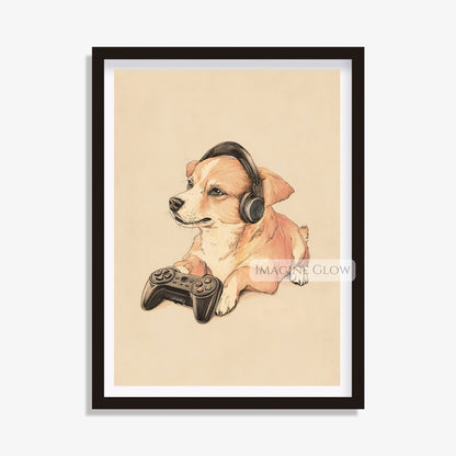 Cute dog playing video games wall art
