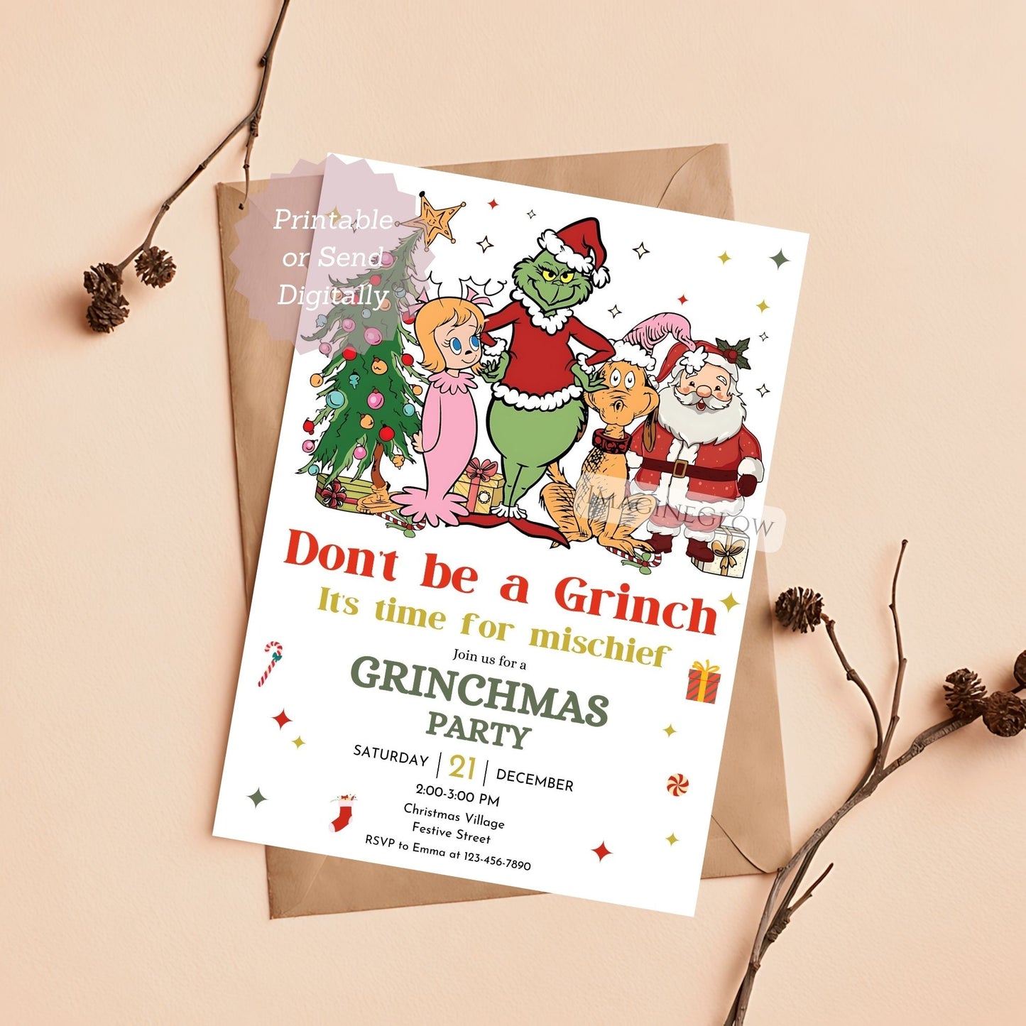 Christmas party invitation with Grinch characters on a beige background