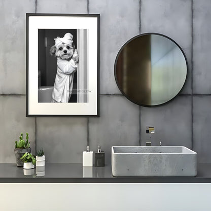 Minimalist Havanese bathroom print featuring a dog in a robe
