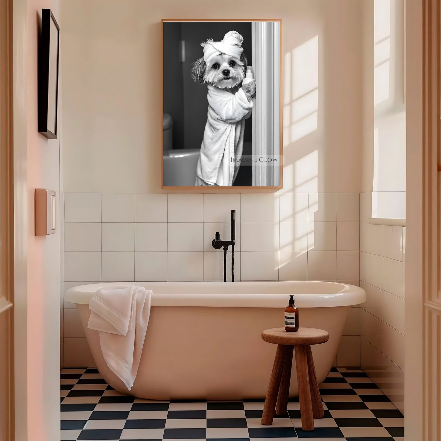 Stylish Havanese in bathrobe black-and-white art
