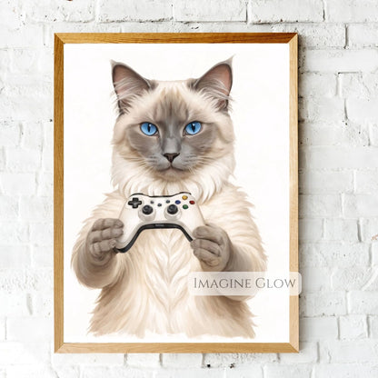 Funny Ragdoll cat gaming print for gamer room decor.
