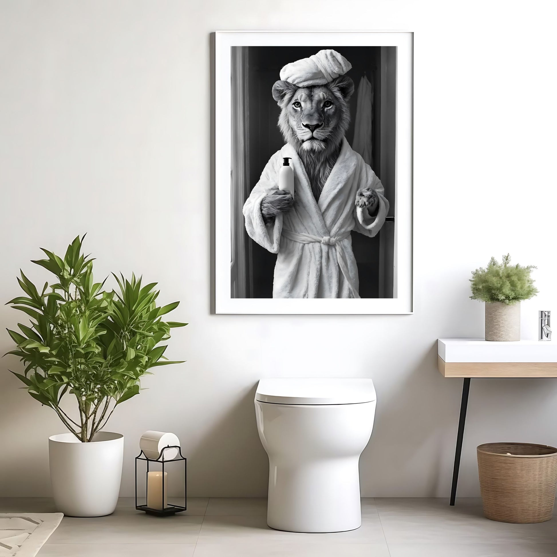 Above toilet print showcasing a lion taking a bath, perfect for washroom decor.
