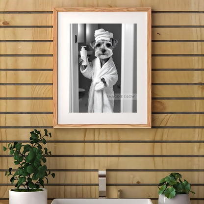 Black-and-white bathroom print of a Schnauzer dog
