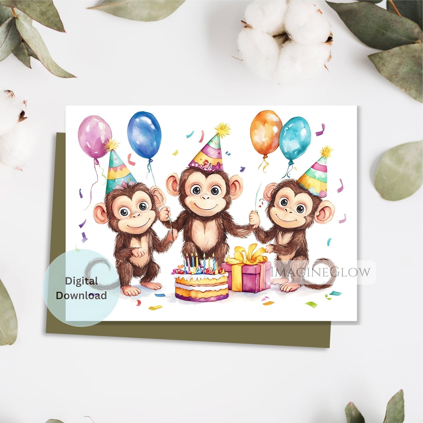 Birthday card with three monkeys holding balloons and a cake on a white background.