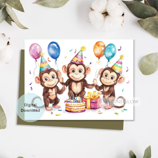Birthday card with three monkeys holding balloons and a cake on a white background.
