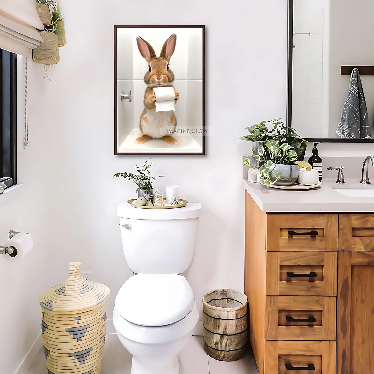 Minimalist black-and-white bunny bathroom art.
