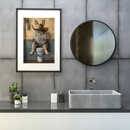 Humorous animal bathroom decor rabbit reading print.
