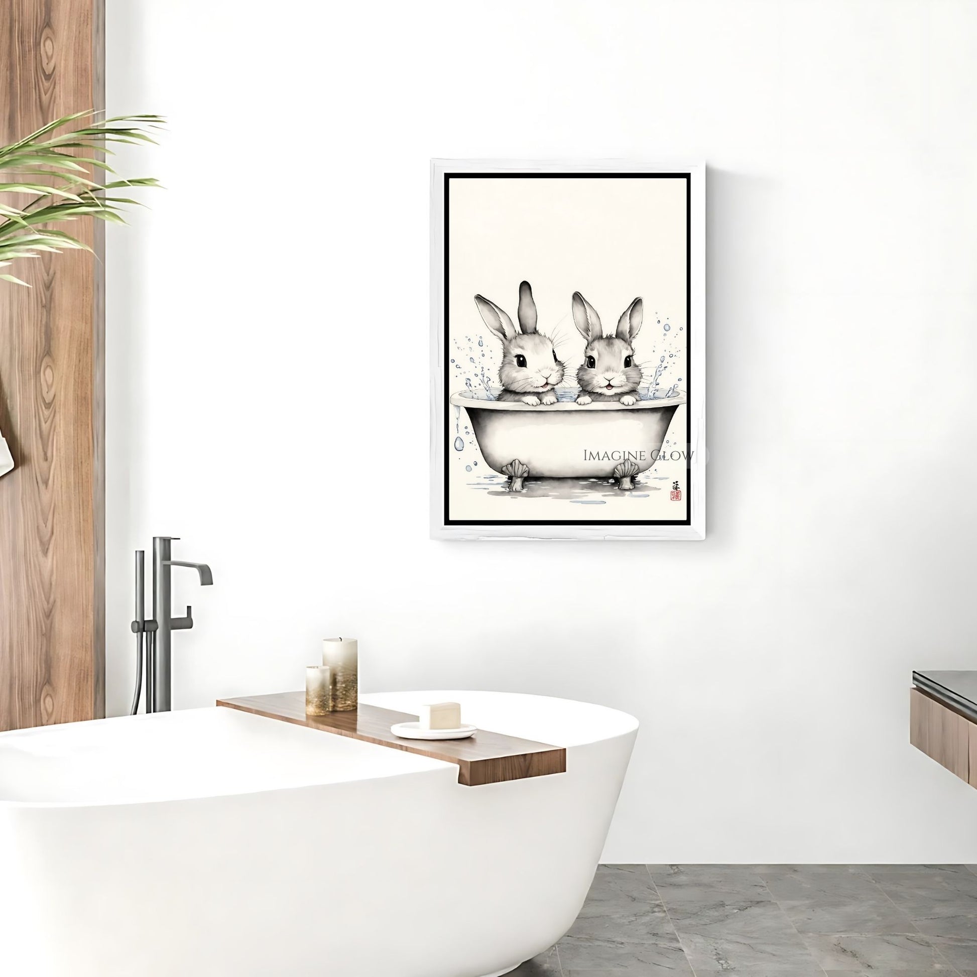 Two bunnies bathroom art print rabbits in bathtub
