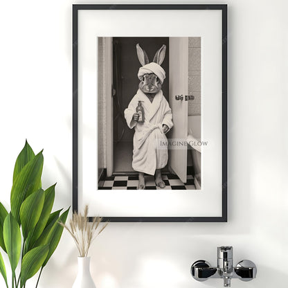 Funny bunny in bathrobe soap bottle print
