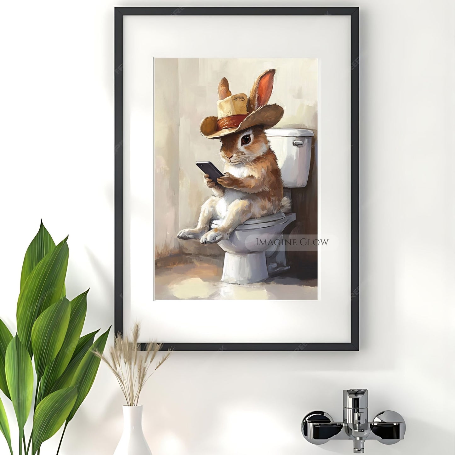 Rabbit playing mobile phone on toilet funny bathroom decor
