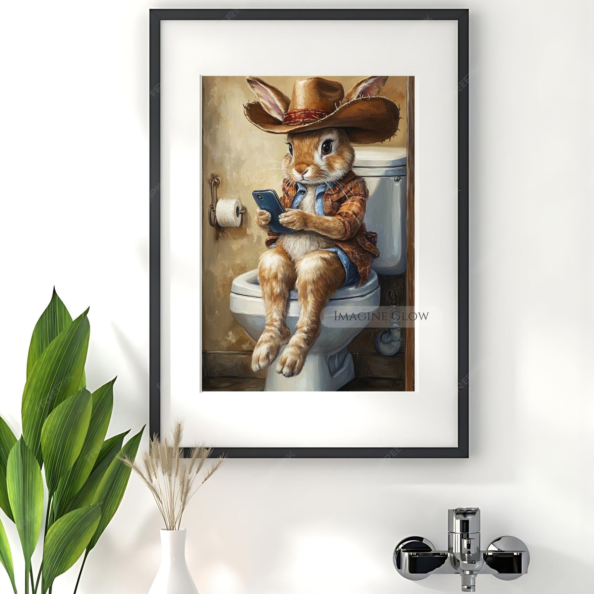 Rabbit on toilet playing mobile phone restroom art.
Playful rabbit bathroom wall decor for nursery rooms.