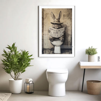 Funny rabbit sitting on toilet reading newspaper wall art.
