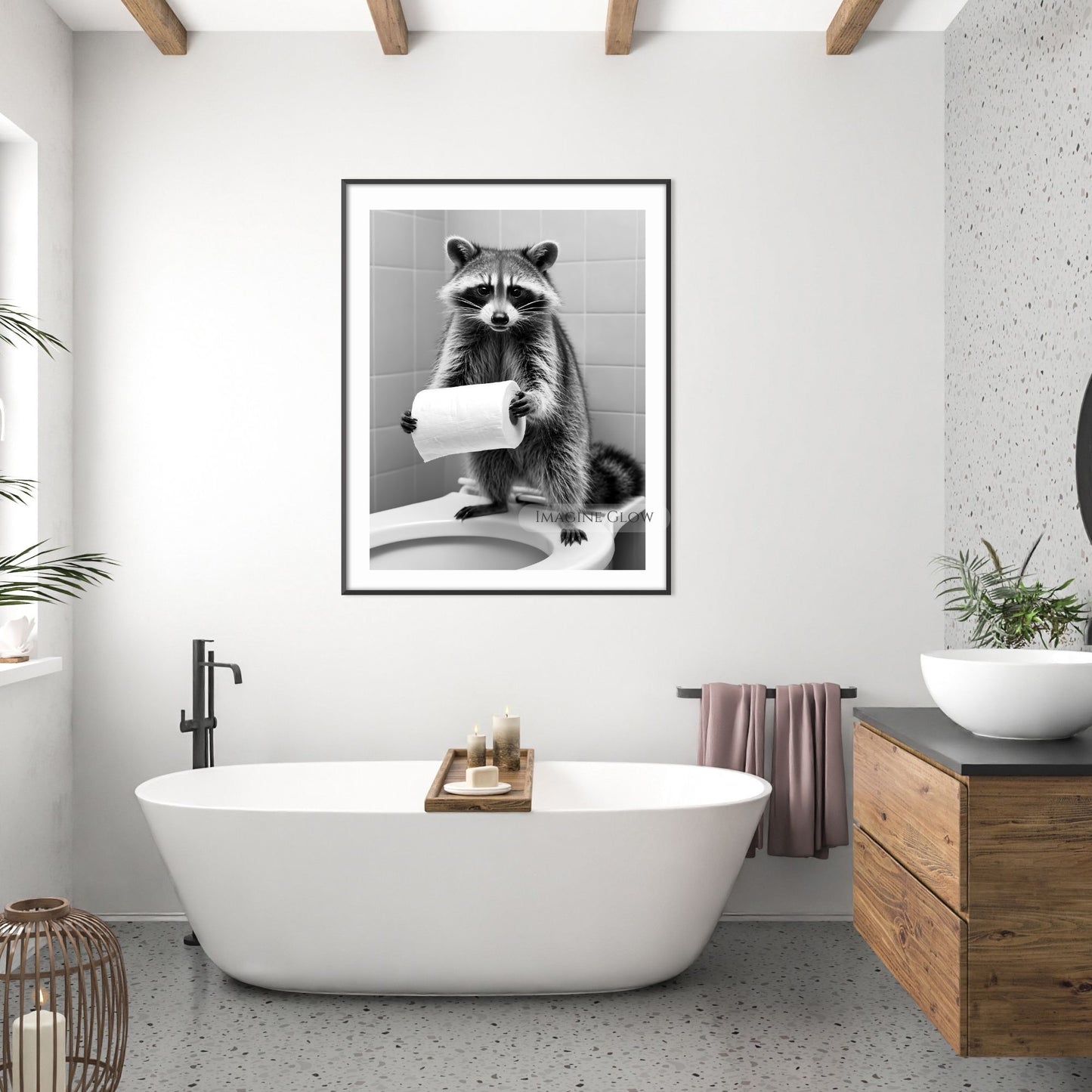 Humorous raccoon wall art for a fun bathroom vibe.
