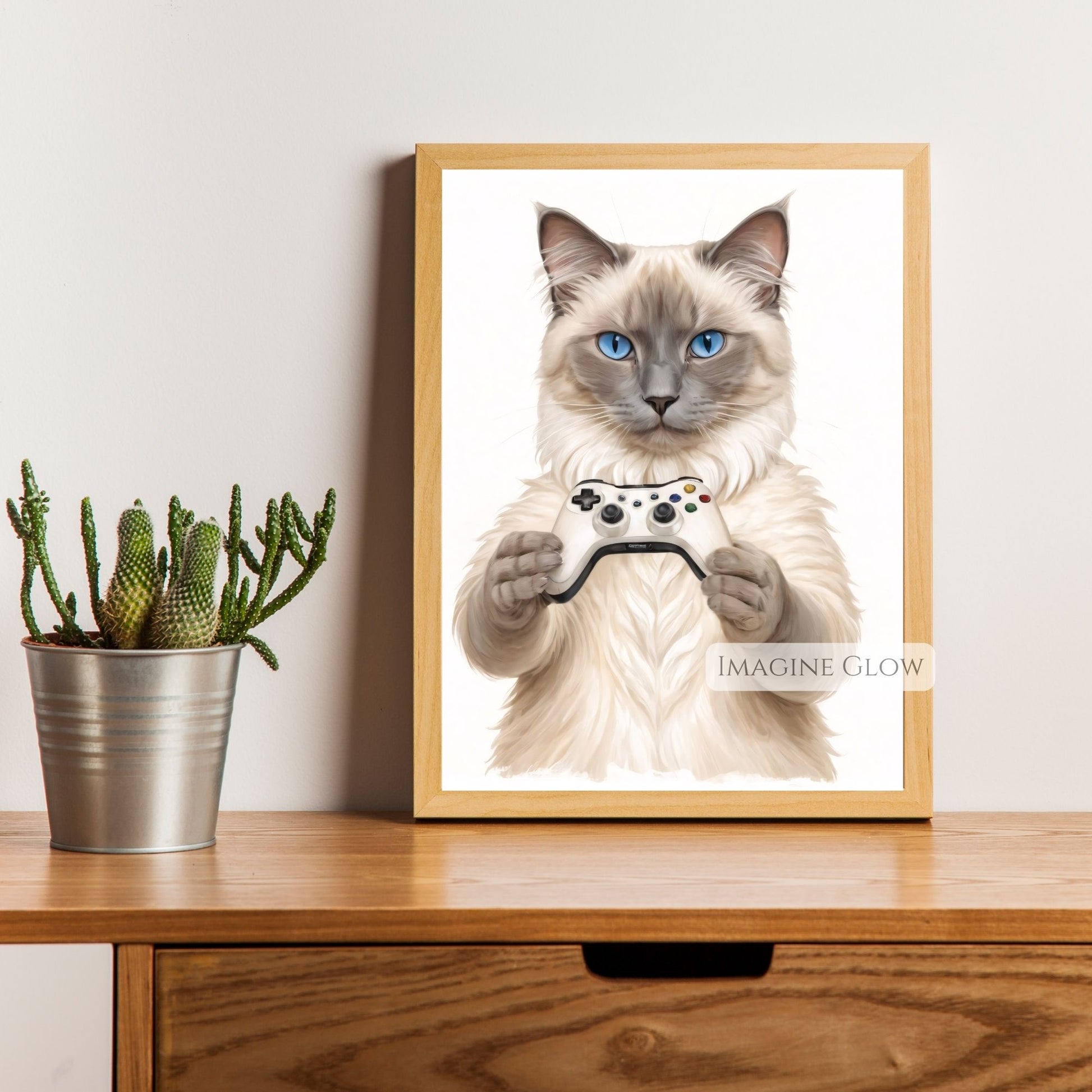 Adorable kitten gaming print for pet lover wall art.

