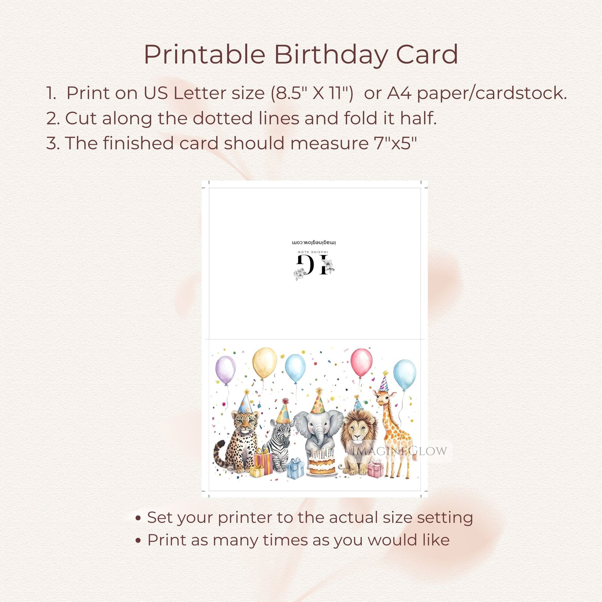 Printable zoo animal birthday card
Safari themed birthday card for animal lovers
Cute safari animal birthday card artwork
