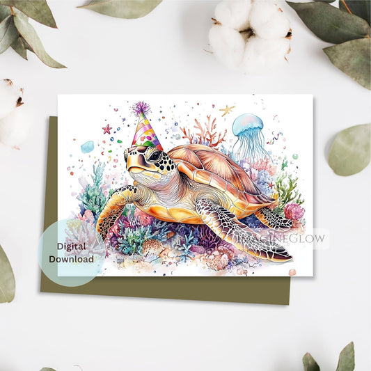 Greeting card with a turtle wearing a party hat on a white background