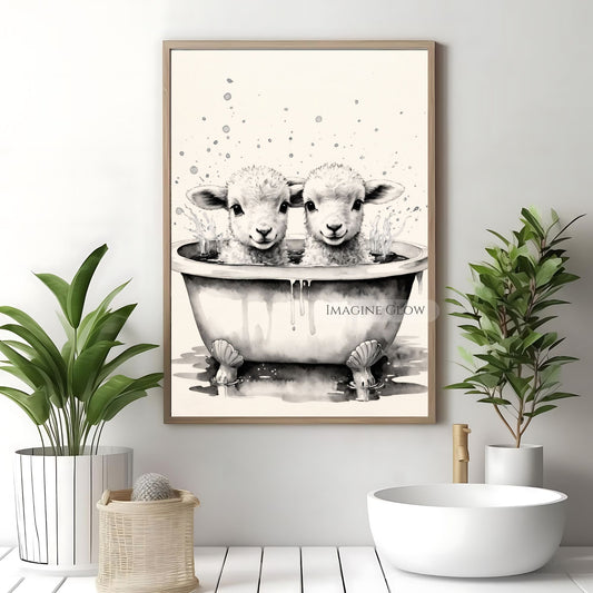 Two lambs in bathtub farmhouse bathroom wall art
