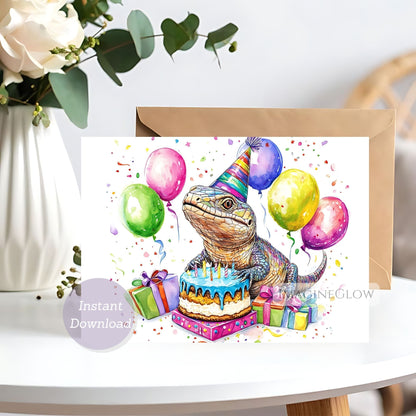 Birthday card with a lizard on a cake surrounded by balloons and gifts