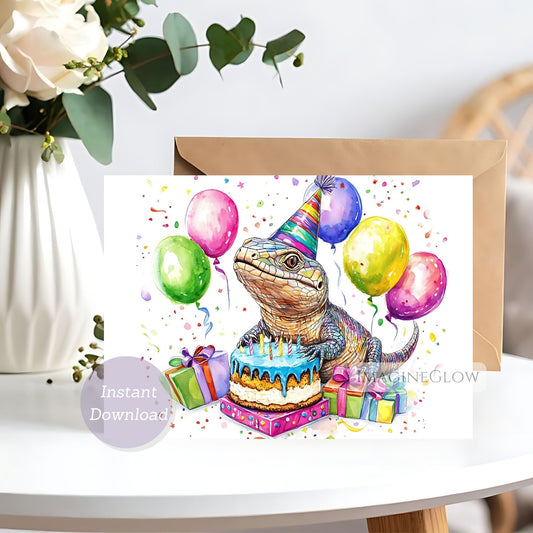 Birthday card with a lizard on a cake surrounded by balloons and gifts