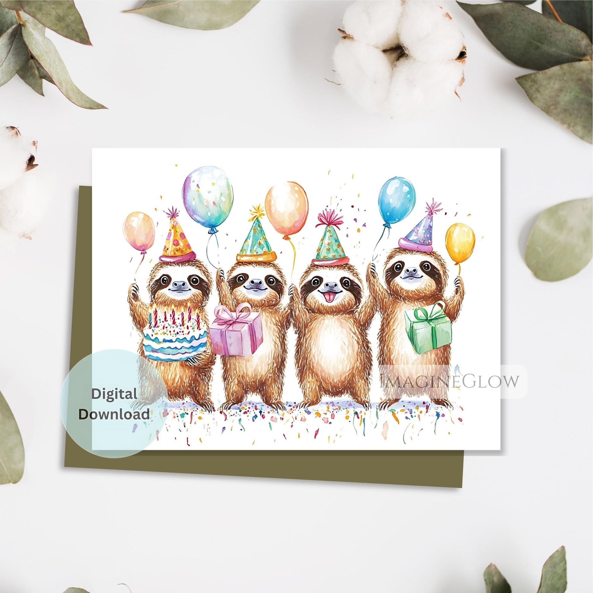 Digital download card with sloths wearing party hats and balloons on a white background.