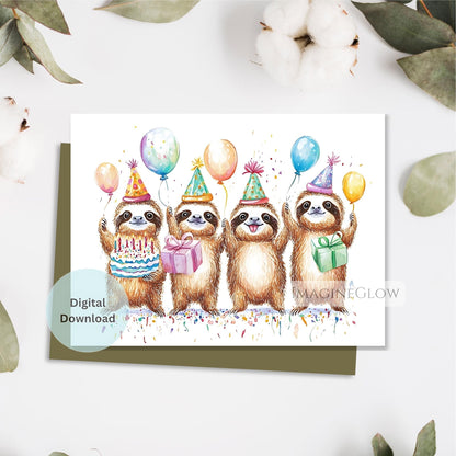 Digital download card with sloths wearing party hats and balloons on a white background.