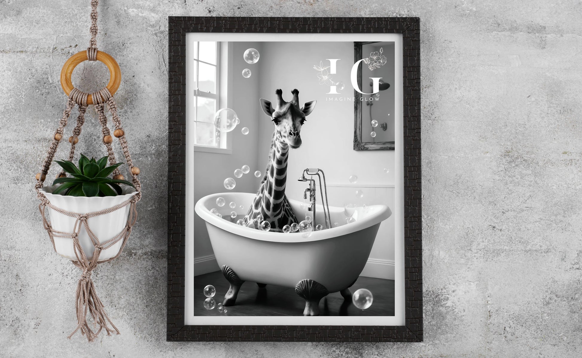 funny giraffe bathing in bathroom with bubbles