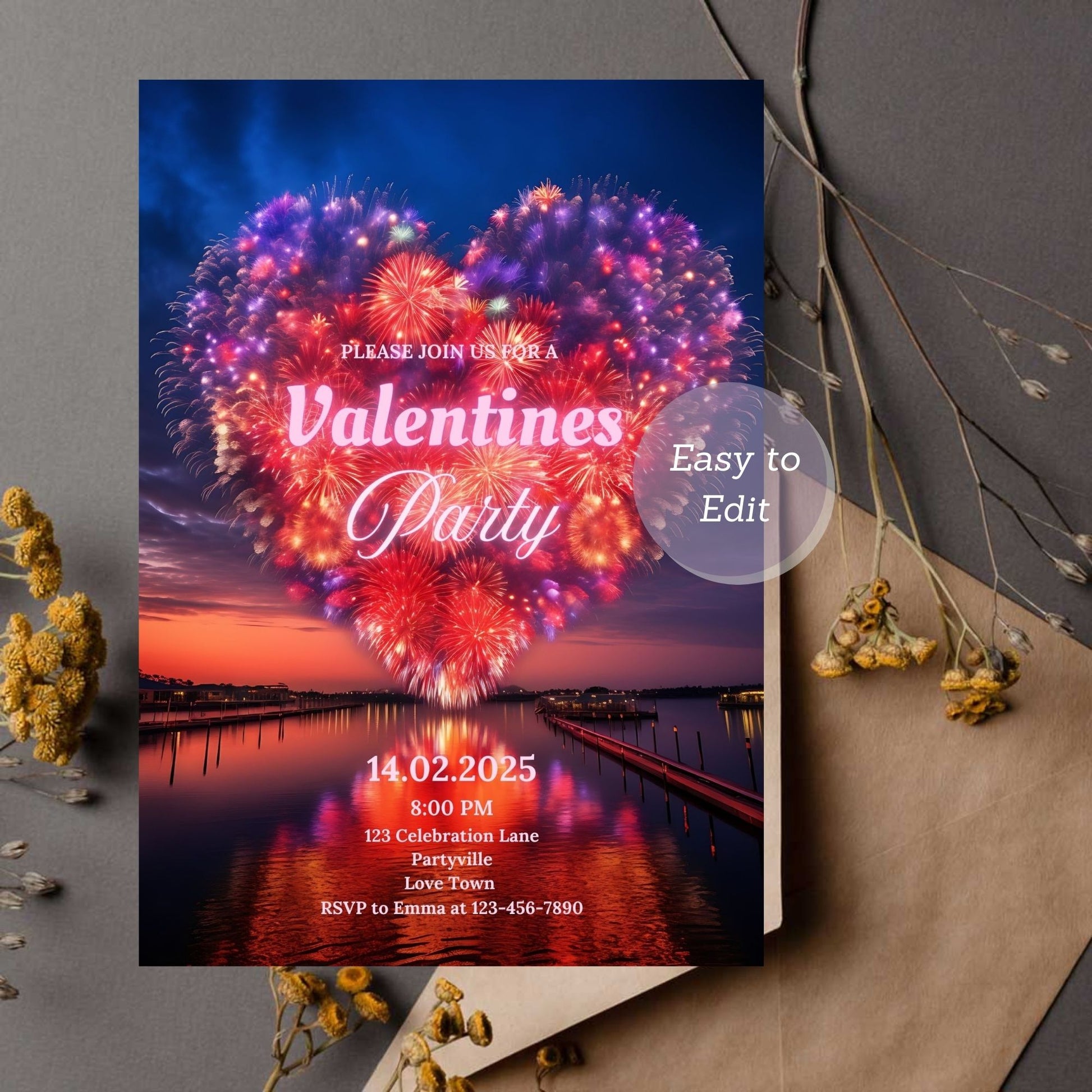 Elegant Valentine’s Day dinner invitation for celebrations.
