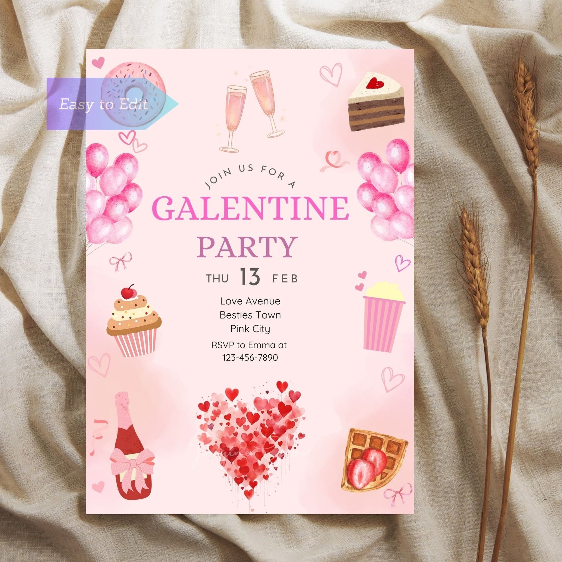 Galentine’s party invitation with pink elegant theme.
Stylish pink-themed Galentine’s party celebration card.