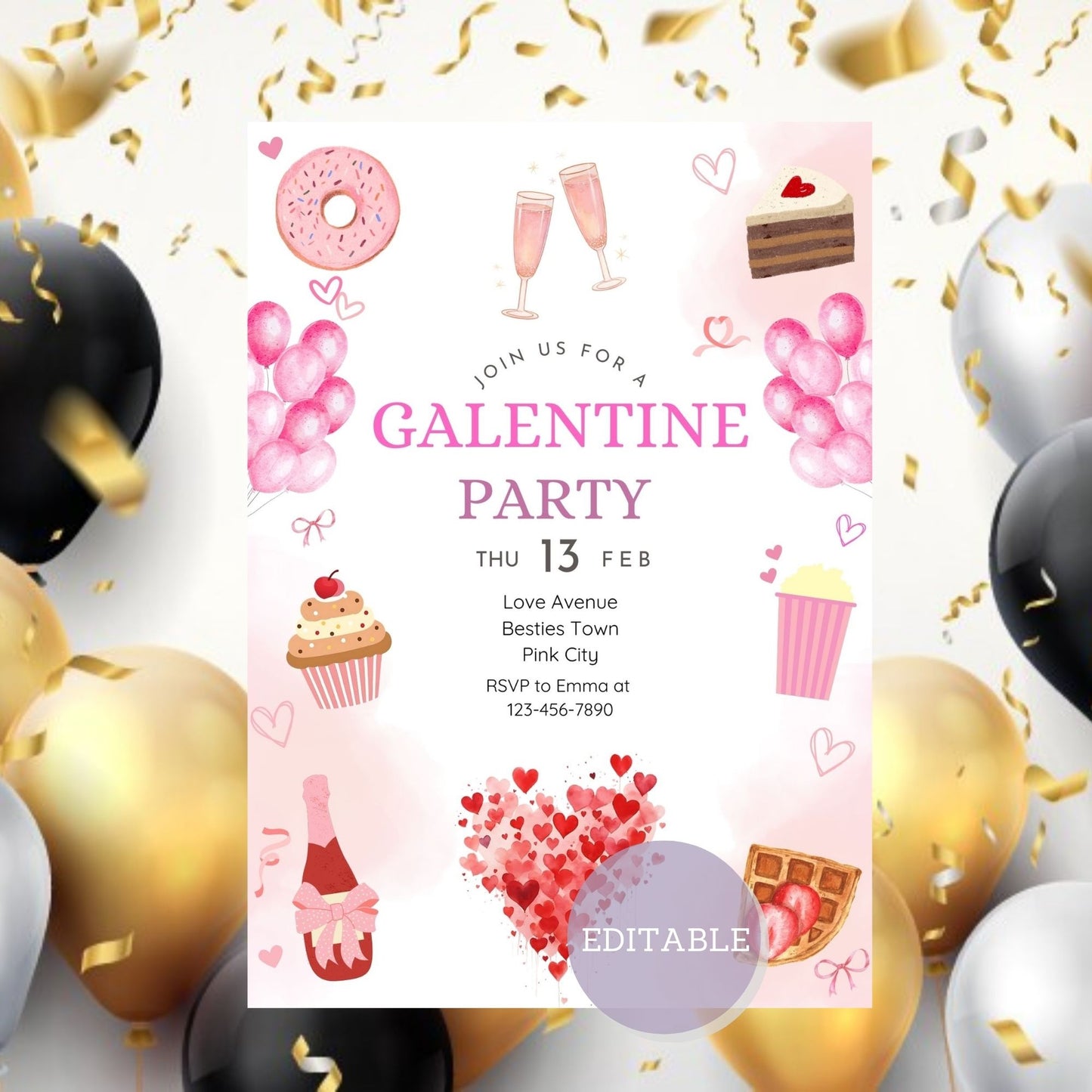 Customizable Pink-Themed Galentine’s Brunch Invitation