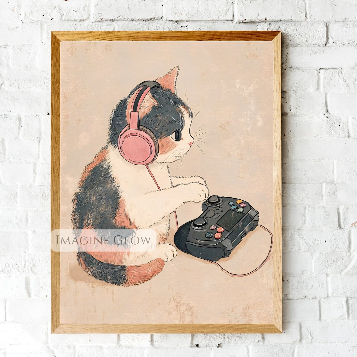 Gaming room decor featuring a funny cat