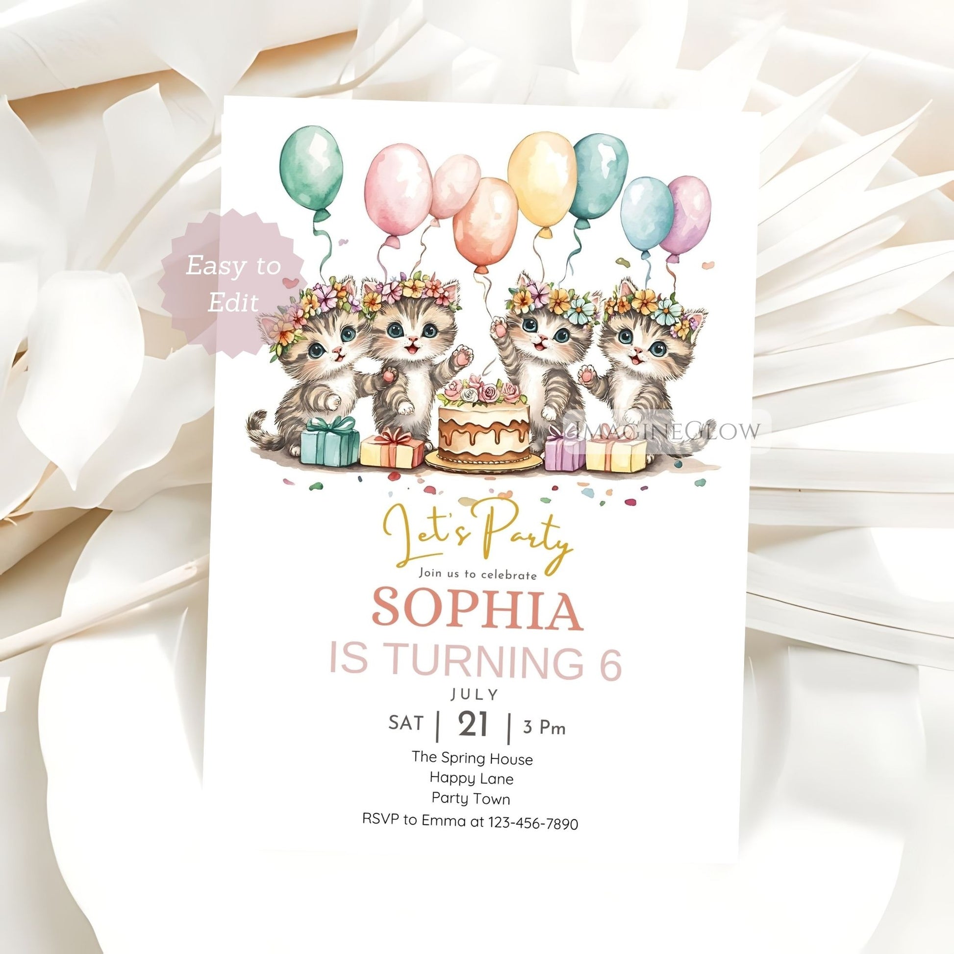 Floral kitten birthday party invitation template
