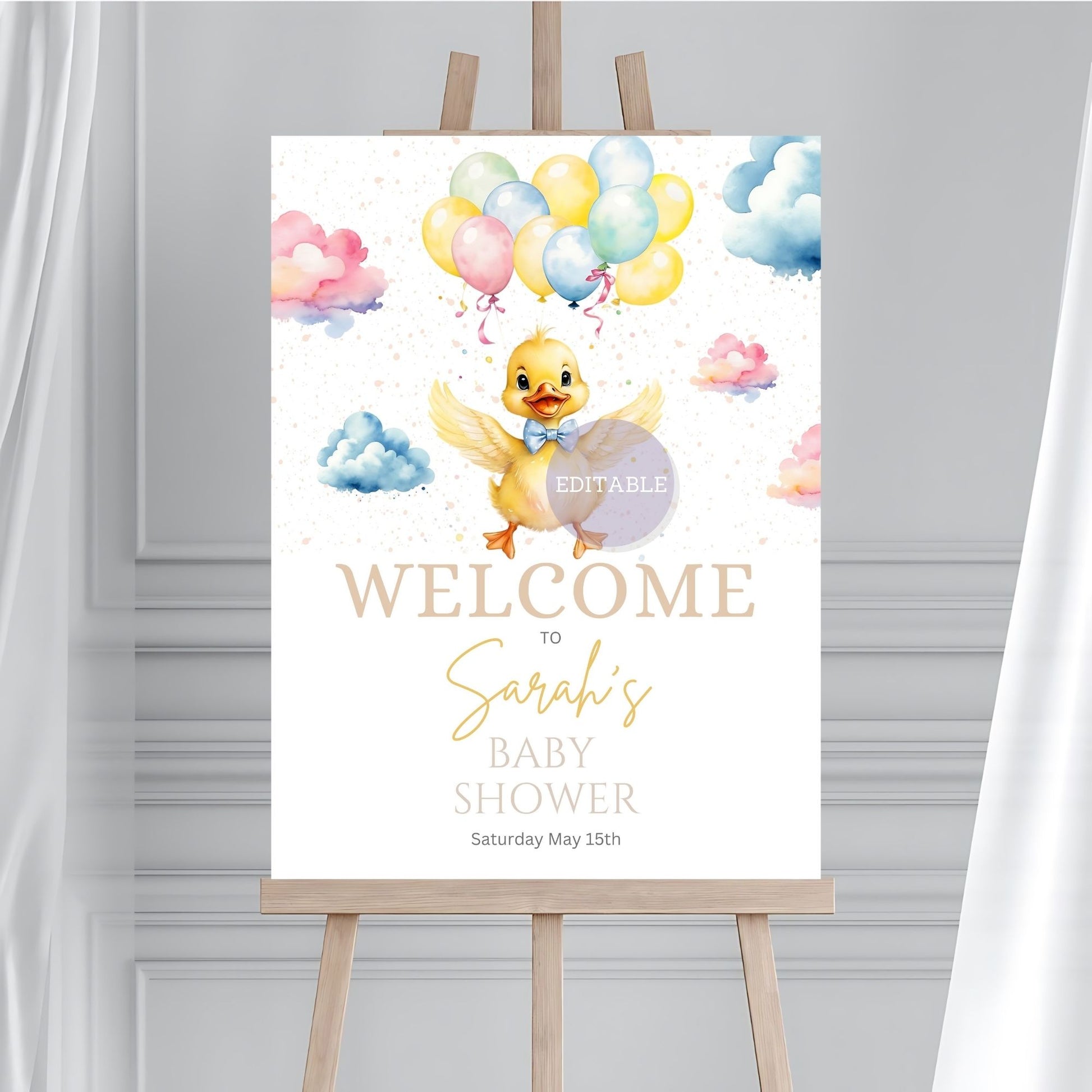 Gender-neutral duck baby shower welcome sign with editable template.
Baby shower welcome poster with balloon theme and duck design.
