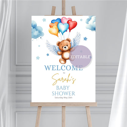 bear welcome sign featuring angel balloons for party decor.
Customizable bear baby shower sign with angel balloons for a welcoming and cute design.
