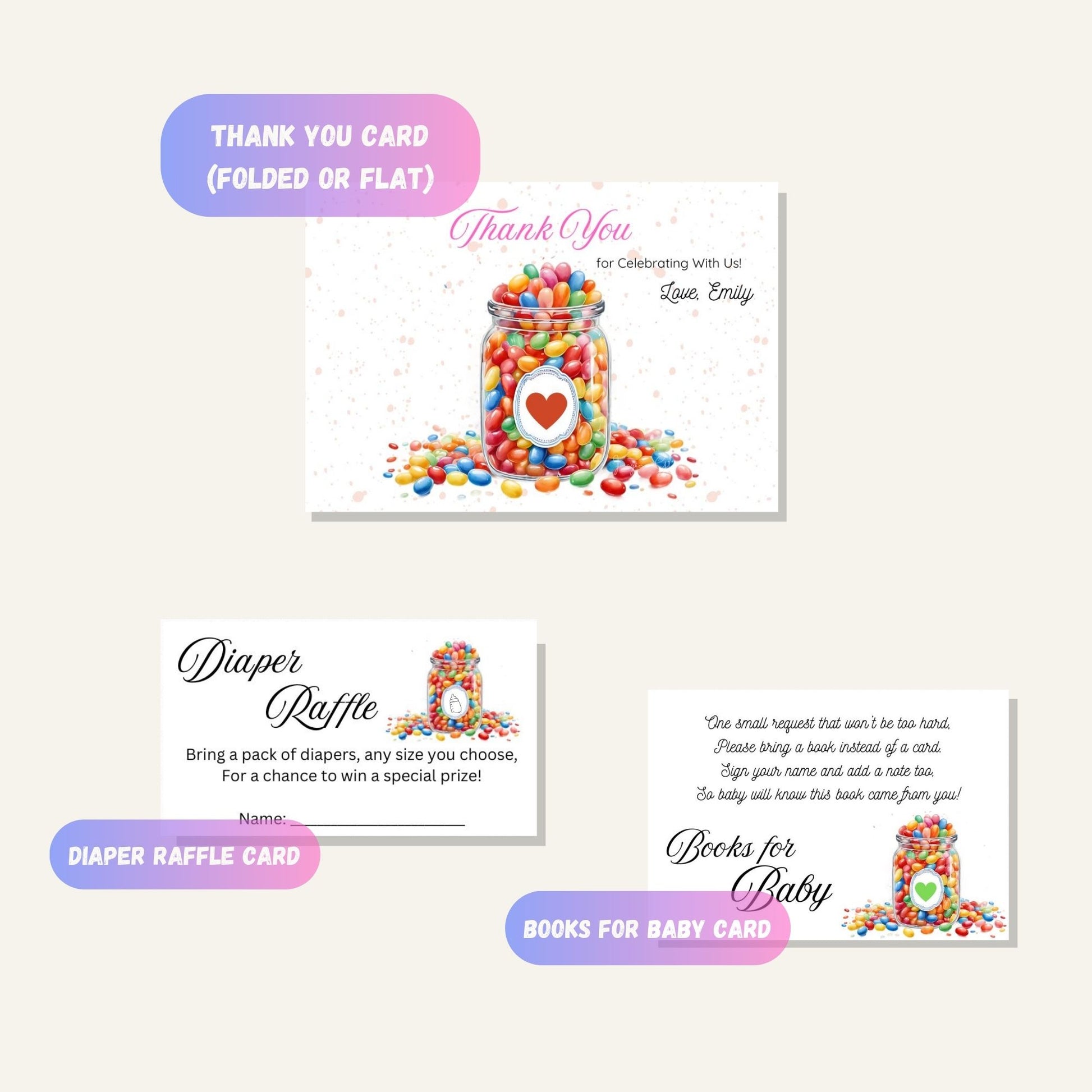 Colorful and sweet jellybean baby shower invitation design.
