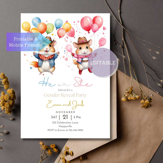 Gender reveal party invitation with hamster illustrations for cute announcement