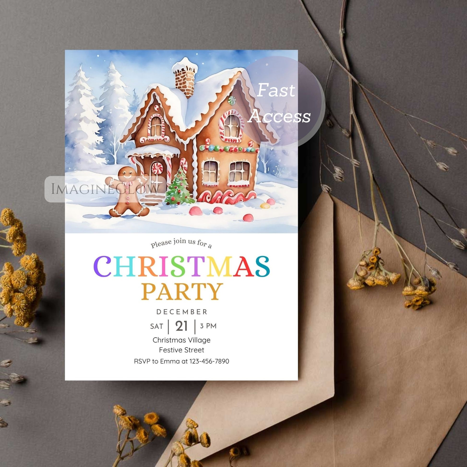 holiday invitation editable gingerbread house design
