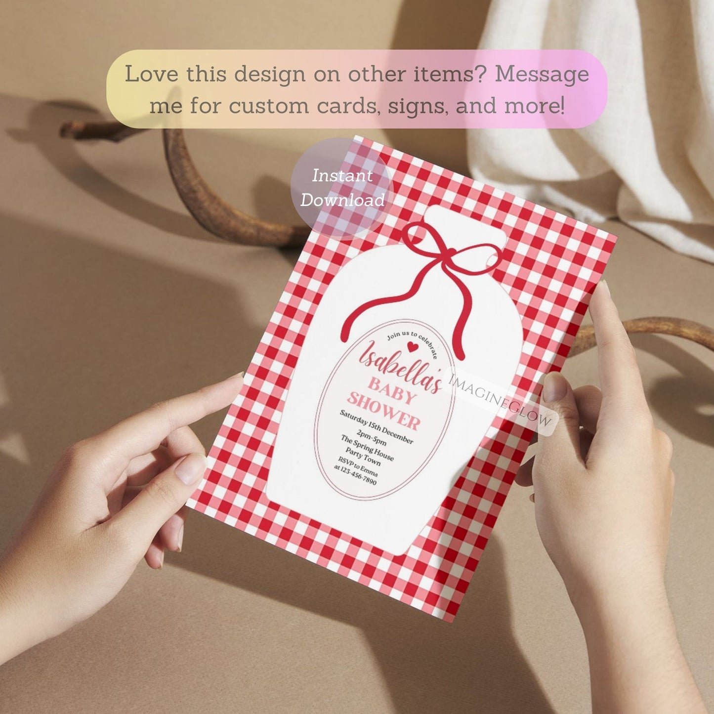 editable red gingham baby shower card