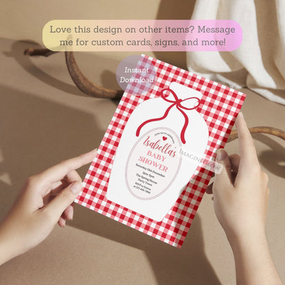 editable red gingham baby shower card