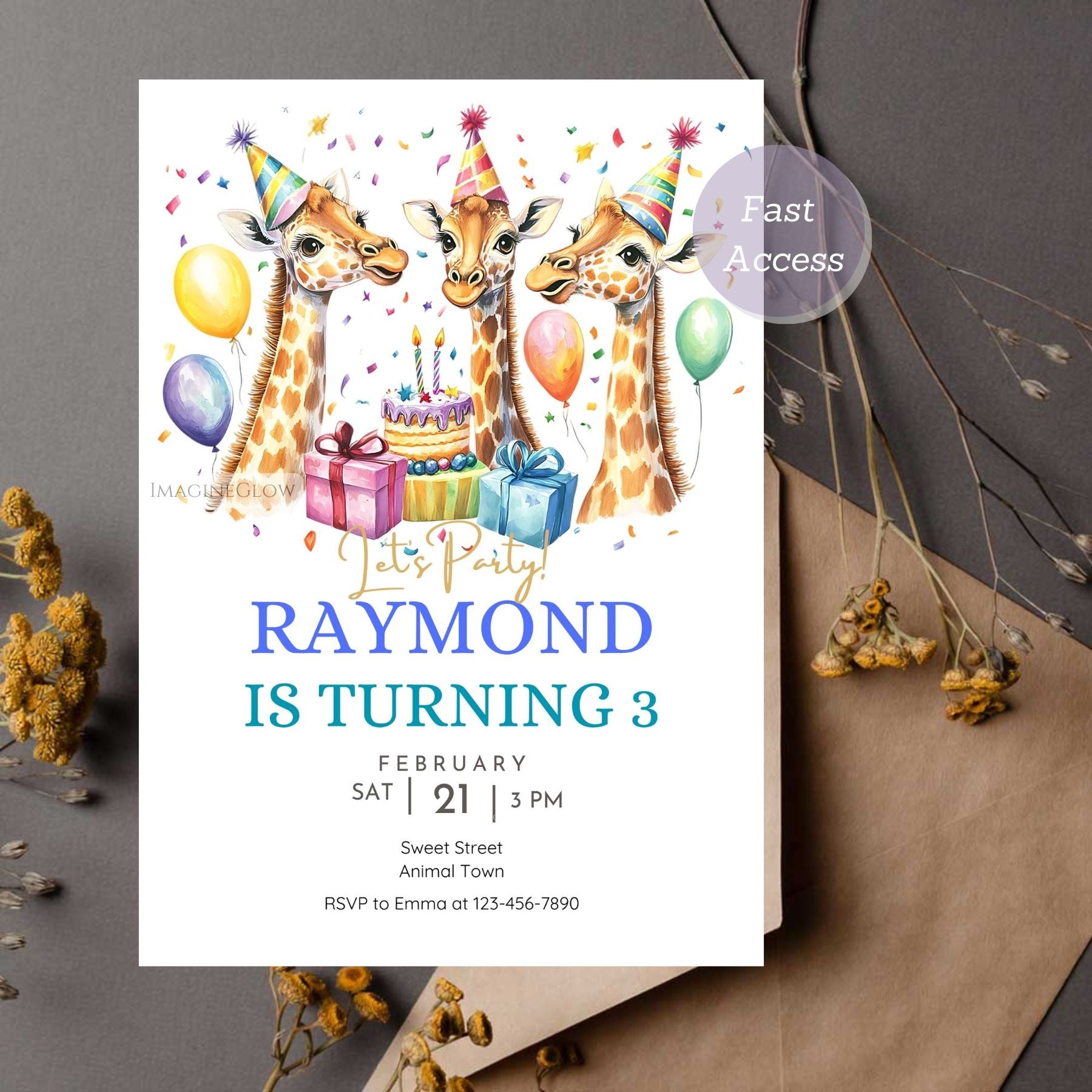 Giraffe party invite with editable details for a kids' celebration