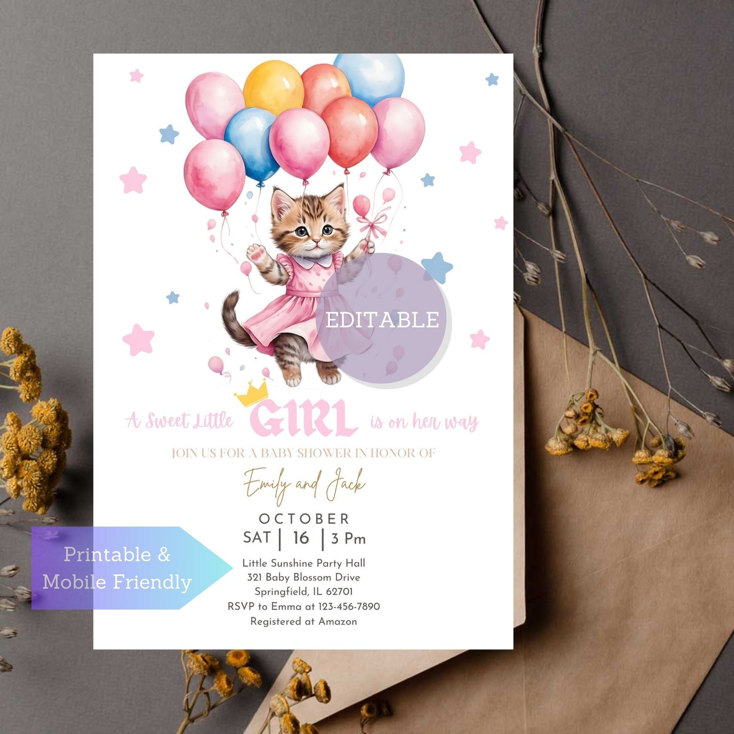 Printable girl baby shower invitation template, easily personalized with Canva for a unique celebration. Printable baby shower invitation template with a kitten holding balloons, perfect for celebrating a baby girl.