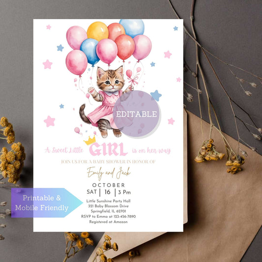 Printable girl baby shower invitation template, easily personalized with Canva for a unique celebration. Printable baby shower invitation template with a kitten holding balloons, perfect for celebrating a baby girl.